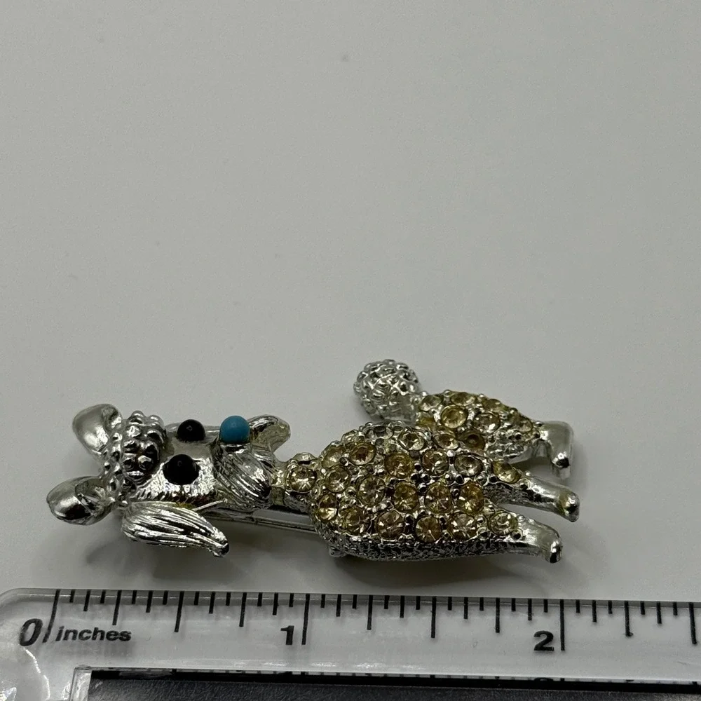 Vintage Silver Tone Rhinestone Poodle Dog Brooch Pin Blue Nose Champagne Stones
